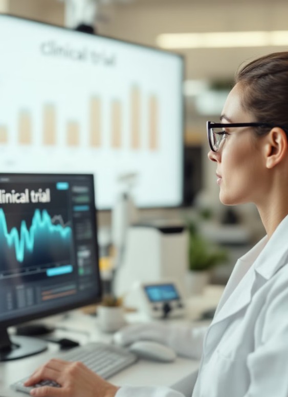 Biostatistician reviewing clinical trial dashboards on multiple monitors